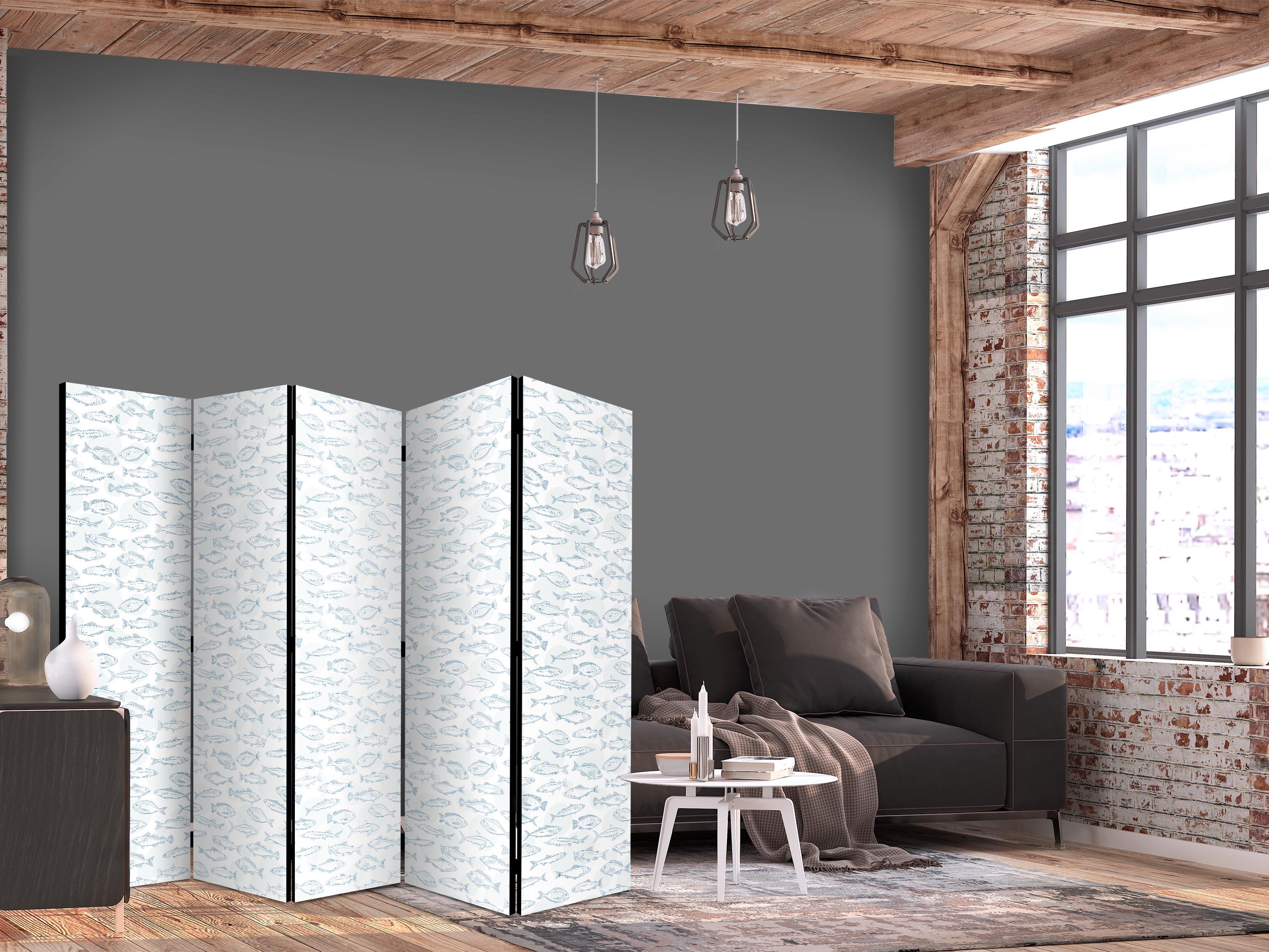 5-panels skærmvæg Blue Fish med fiskemotiv 225 x 172 cm - 225 x 172 cm - Akustik billede