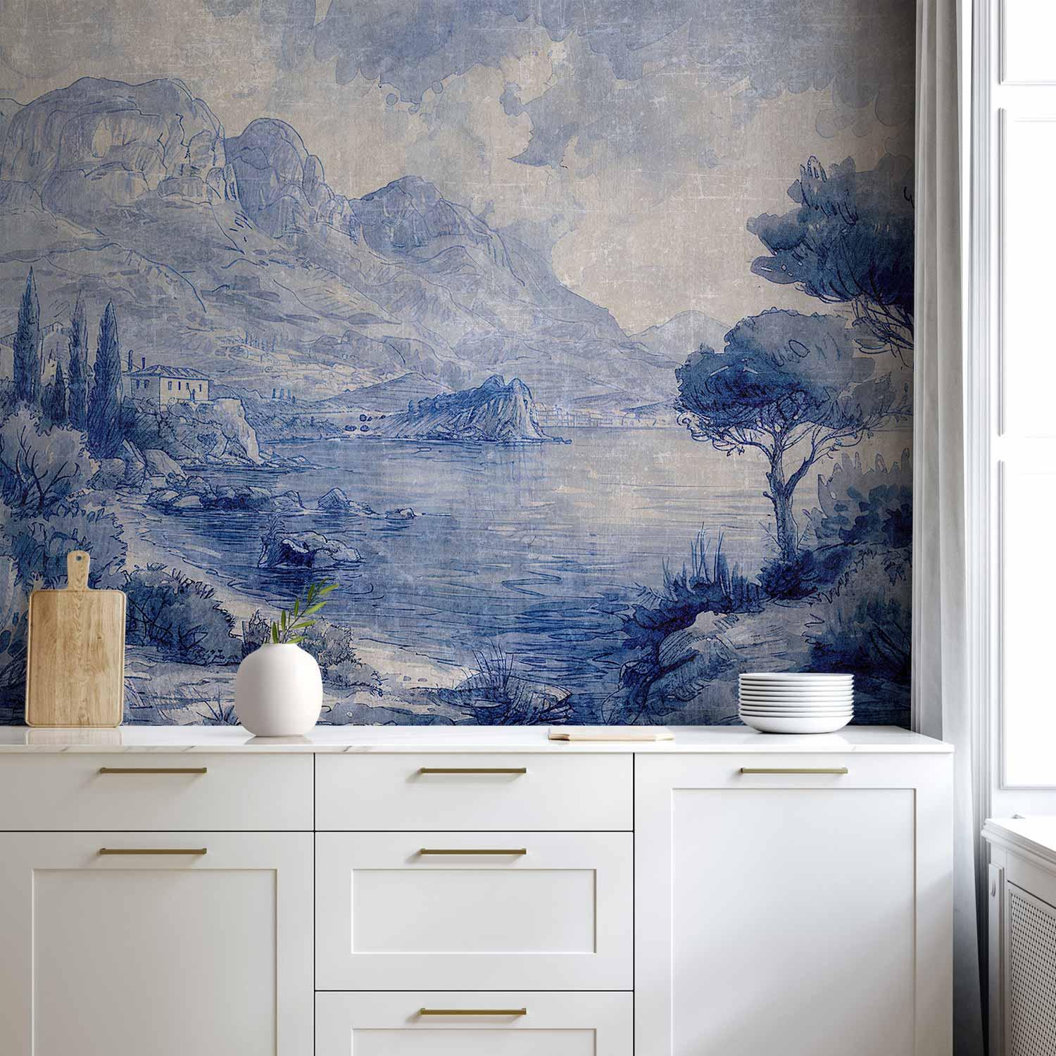 Fototapet Blue Bay - Italiensk landskab ved Comosøen i blå blæk - 400 x 280 cm - Vandtæt