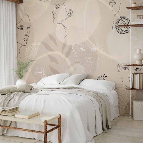 Fototapet Beige Line Art med ansigter og blade