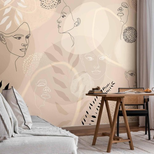 Fototapet Beige Line Art med ansigter og blade