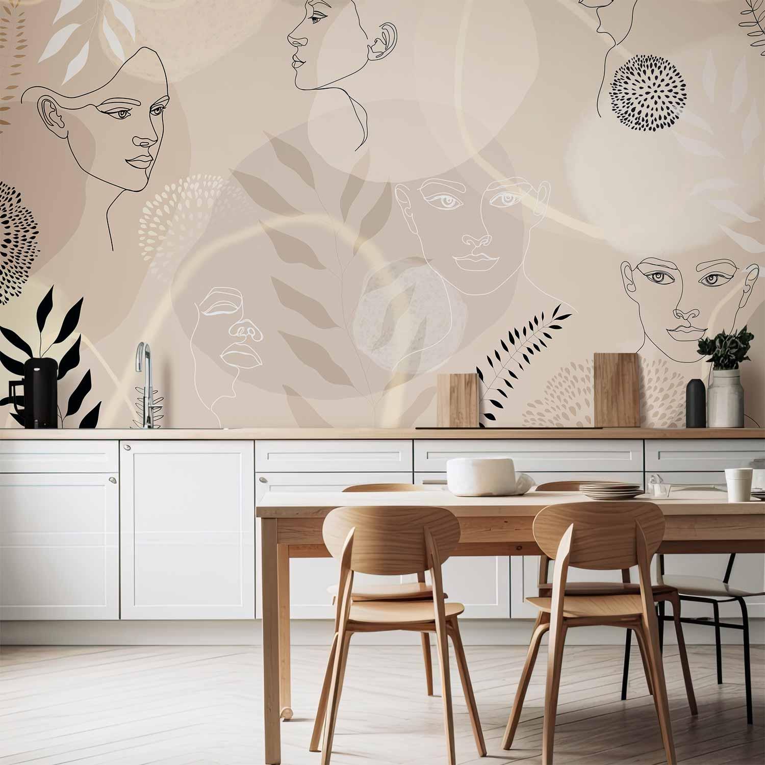 Fototapet Beige Line Art - beige vægdekoration med line art-motiv - 500 x 350 cm - Vandtæt