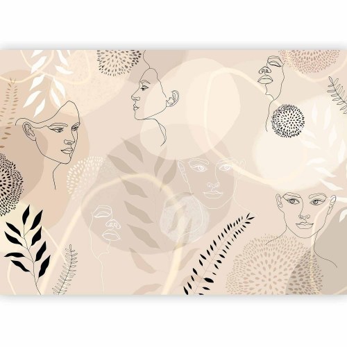 Fototapet Beige Line Art med ansigter og blade