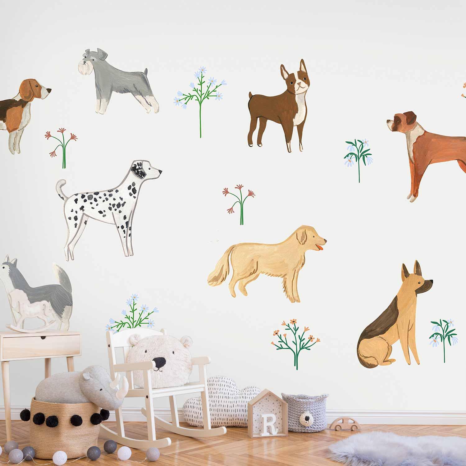 Fototapet med hunde til børneværelse - diskret illustration - 100 x 70 cm - Standard