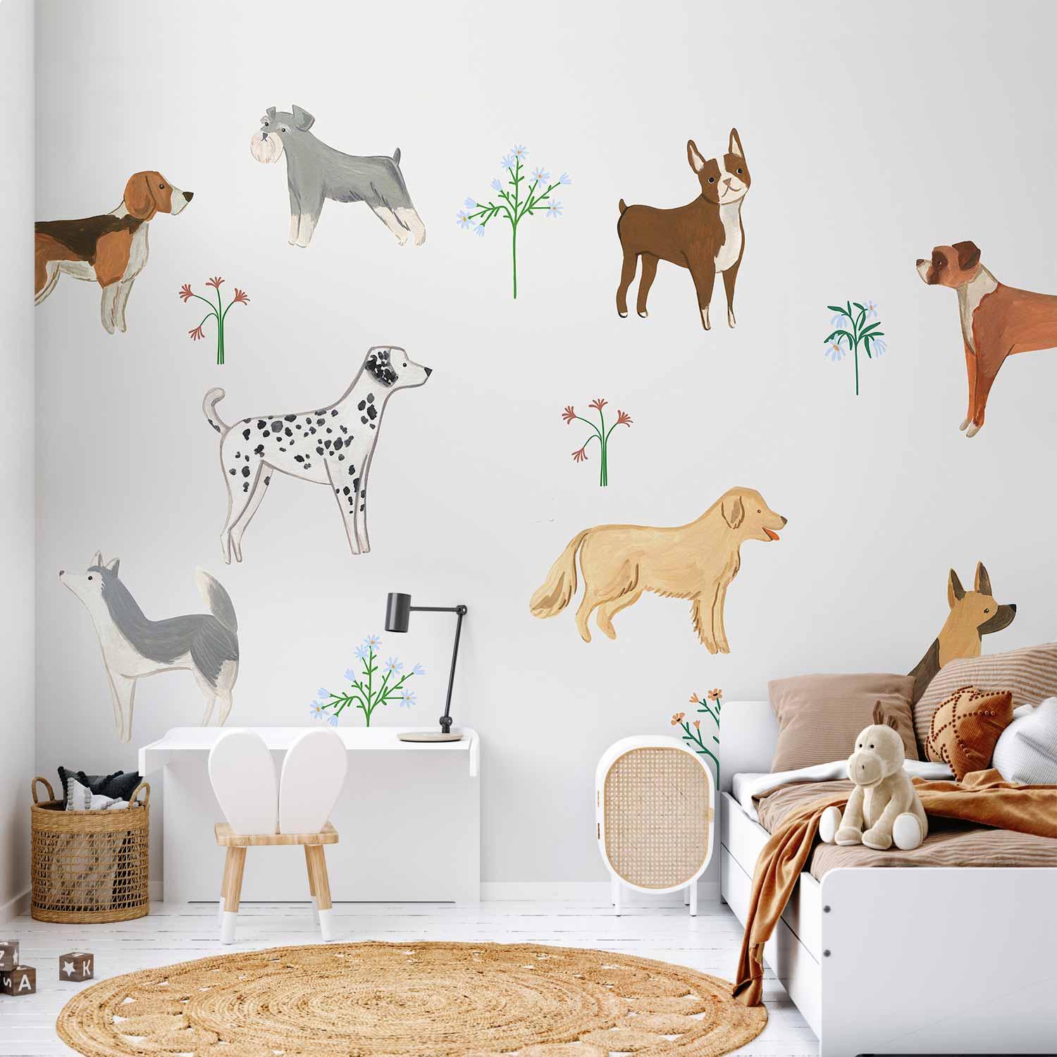 Fototapet med hunde til børneværelse - diskret illustration - 450 x 315 cm - Vandtæt
