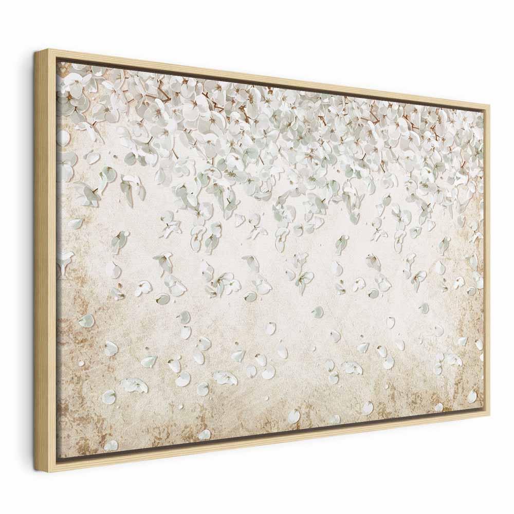 Lærredsbillede Faldende blomster - bredt blomsterbillede til væg, 1 del - 120 x 80 cm - I en naturlig træramme