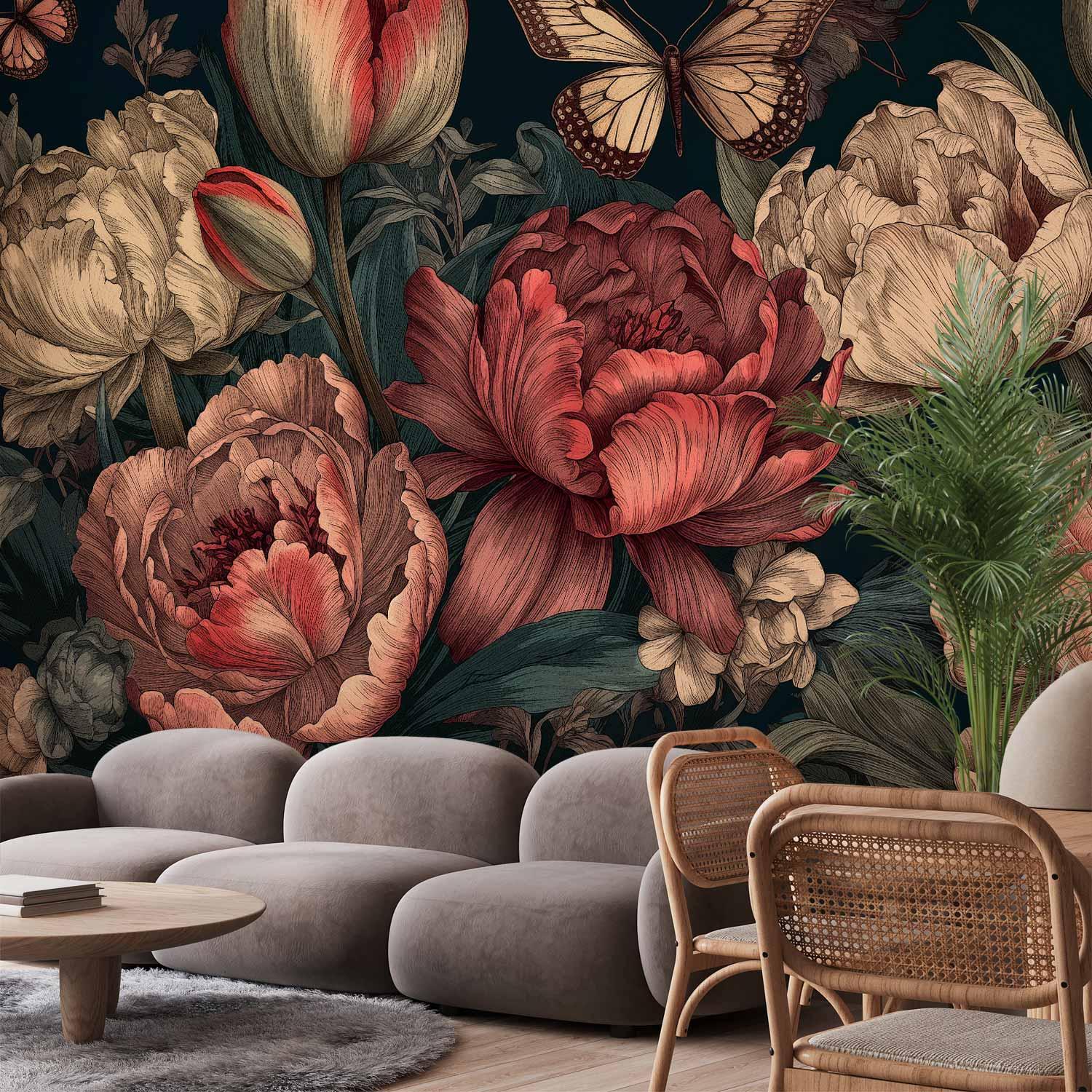 Fototapet med blomster på turkis baggrund - 400 x 280 cm - Standard