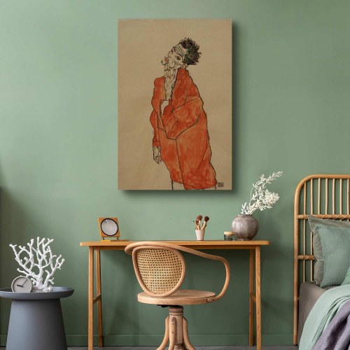 Egon Schiele Selvportræt med mand i orange jakke lærredsbillede