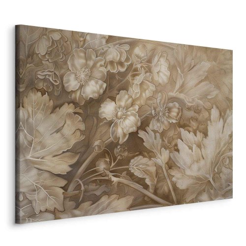 Blomsterbillede på lærred med floralt motiv i sepia og brune nuancer
