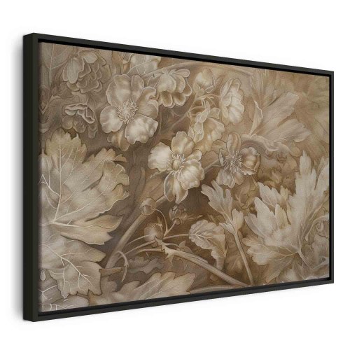 Blomsterbillede på lærred med floralt motiv i sepia og brune nuancer