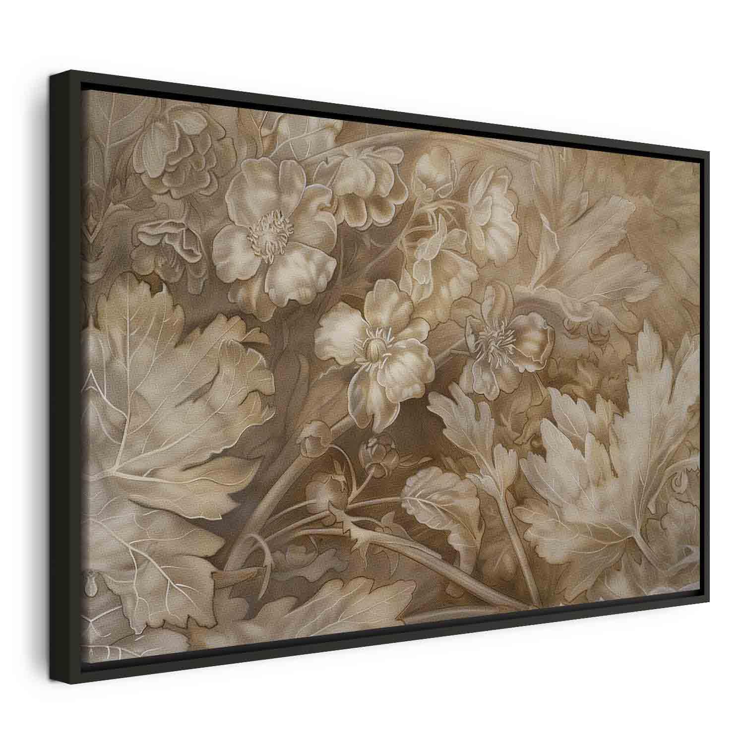 Billede på lærred med blomsterornamenter i sarte sepia- og brune nuancer - 90 x 60 cm - I en sort træramme