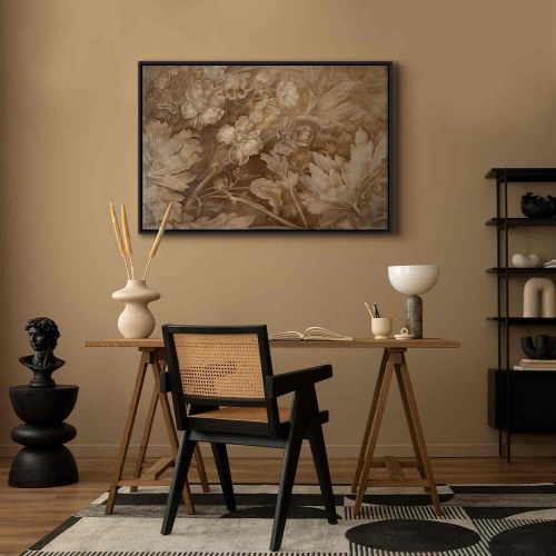 Blomsterbillede på lærred med floralt motiv i sepia og brune nuancer