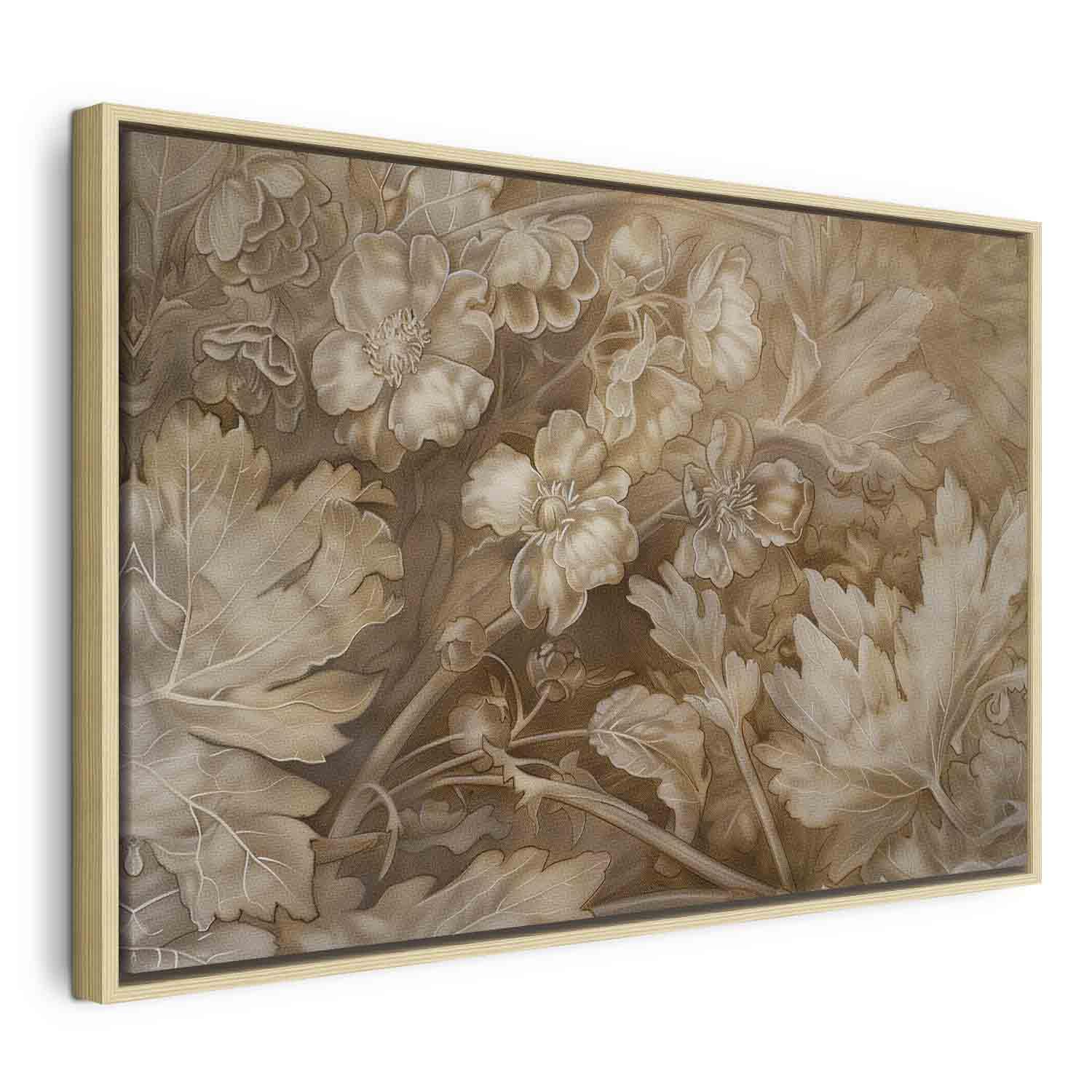 Billede på lærred med blomsterornamenter i sarte sepia- og brune nuancer - 90 x 60 cm - I en naturlig træramme