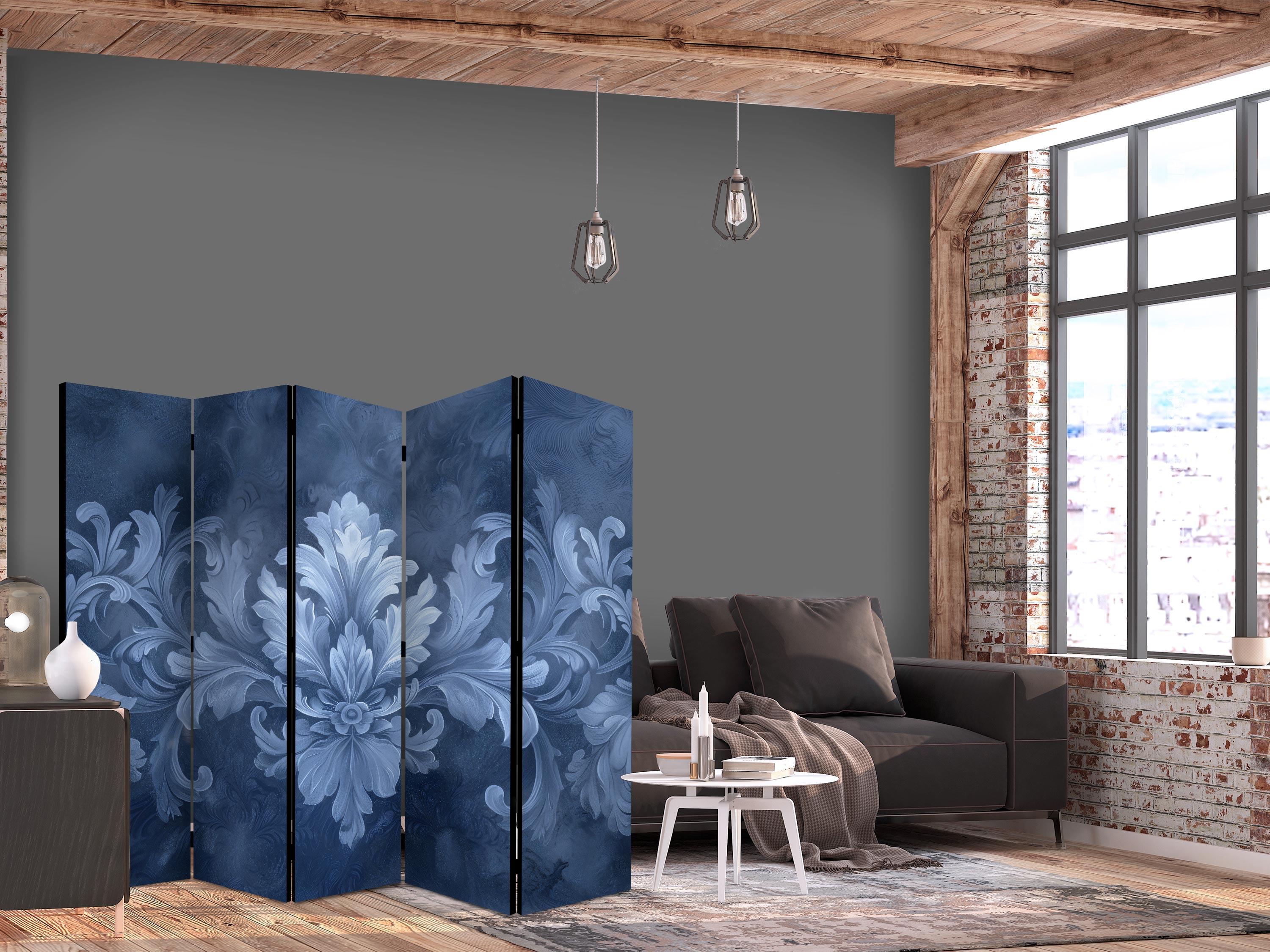 5-panels rumdeler med blomstermotiv i mørkeblå nuancer 225 x 172 cm - 225 x 172 cm - Akustik