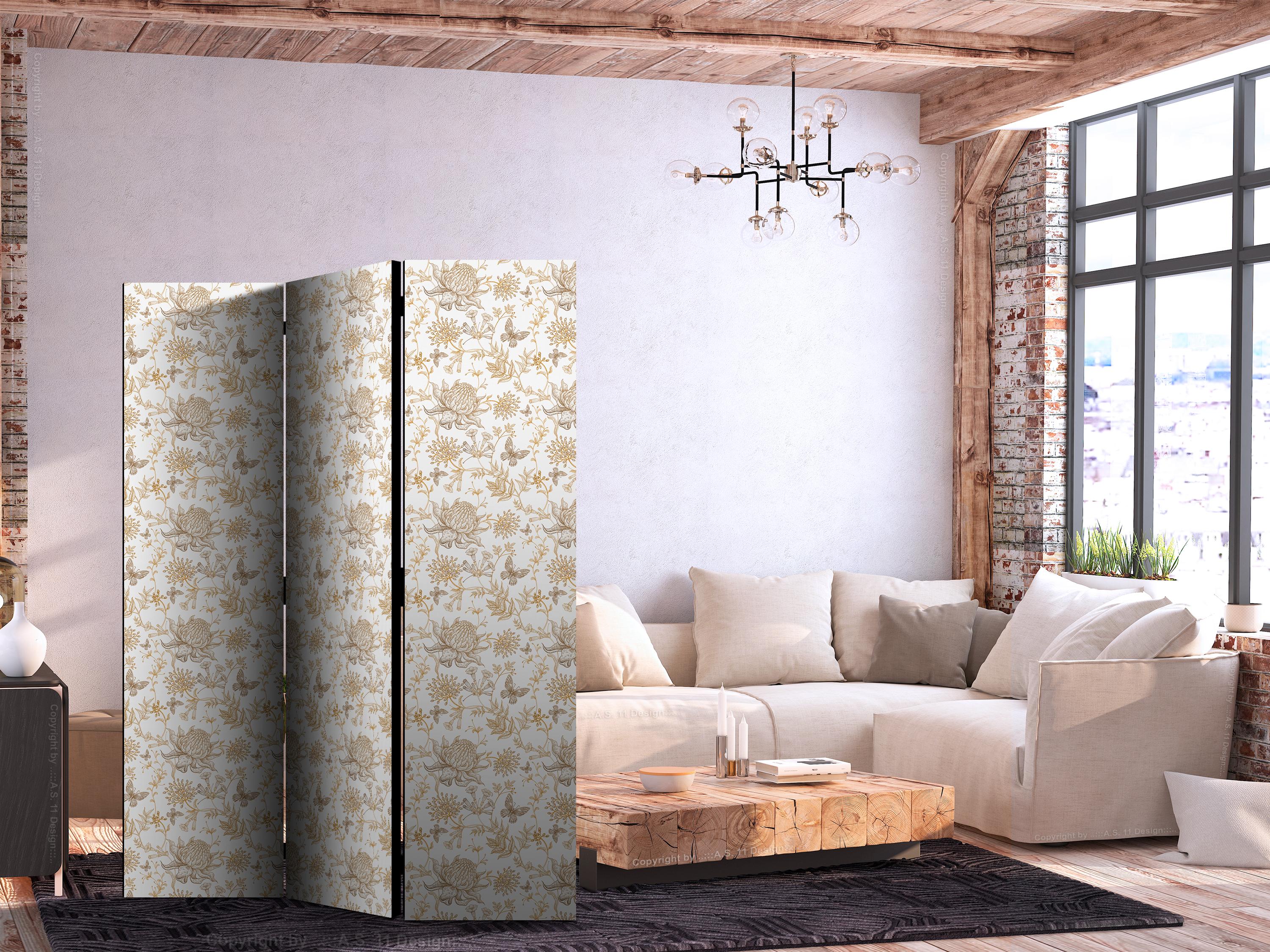 Skærmvæg rumdeler Beige Naturtoner med blomster og sommerfugle 135 x 172 cm - 135 x 172 cm - Akustik