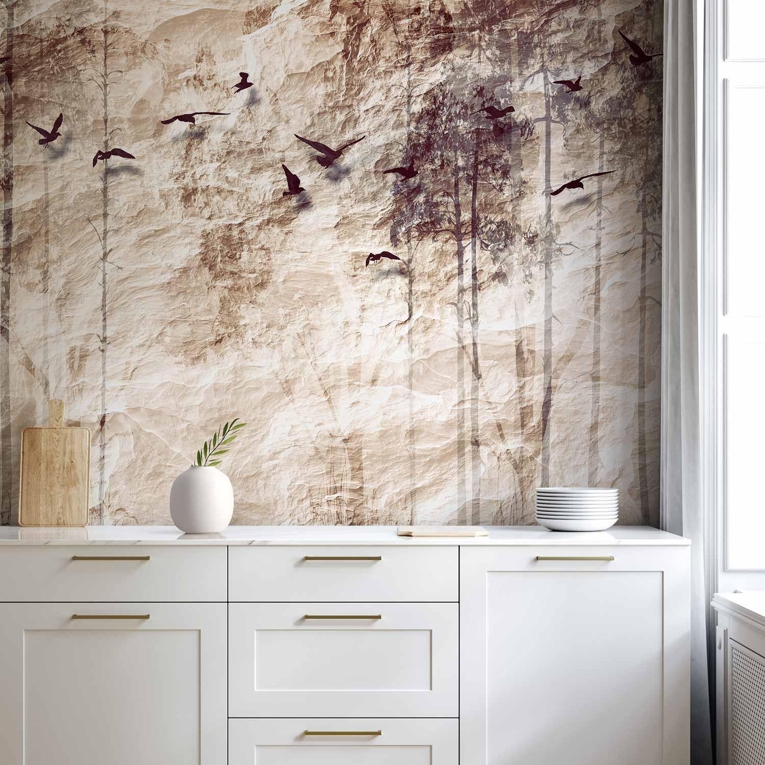 Fototapet Paper Nature med fugle og skovmotiv - 400 x 280 cm - Vandtæt