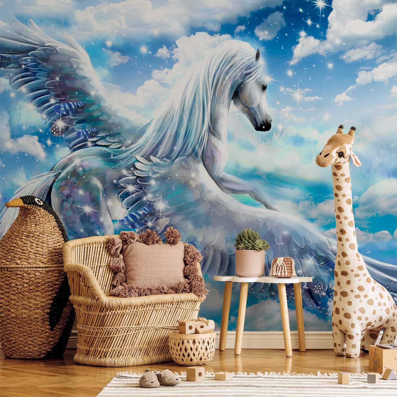 Fototapet Pegasus Blå - fototapet med bevinget hest - 400 x 280 cm - Vandtæt