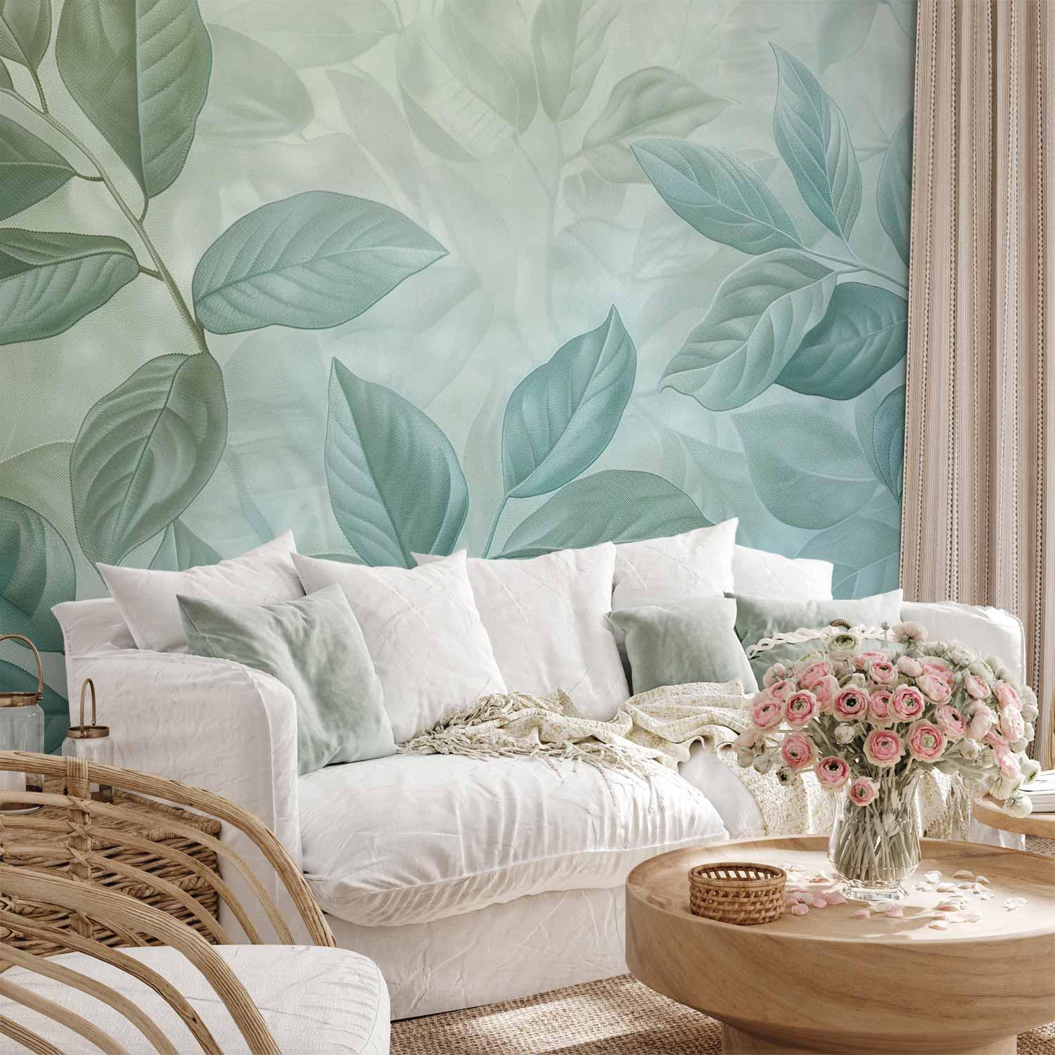 Fototapet med store blade i grønne og mintfarvede nuancer - botanisk motiv - 400 x 280 cm - Standard