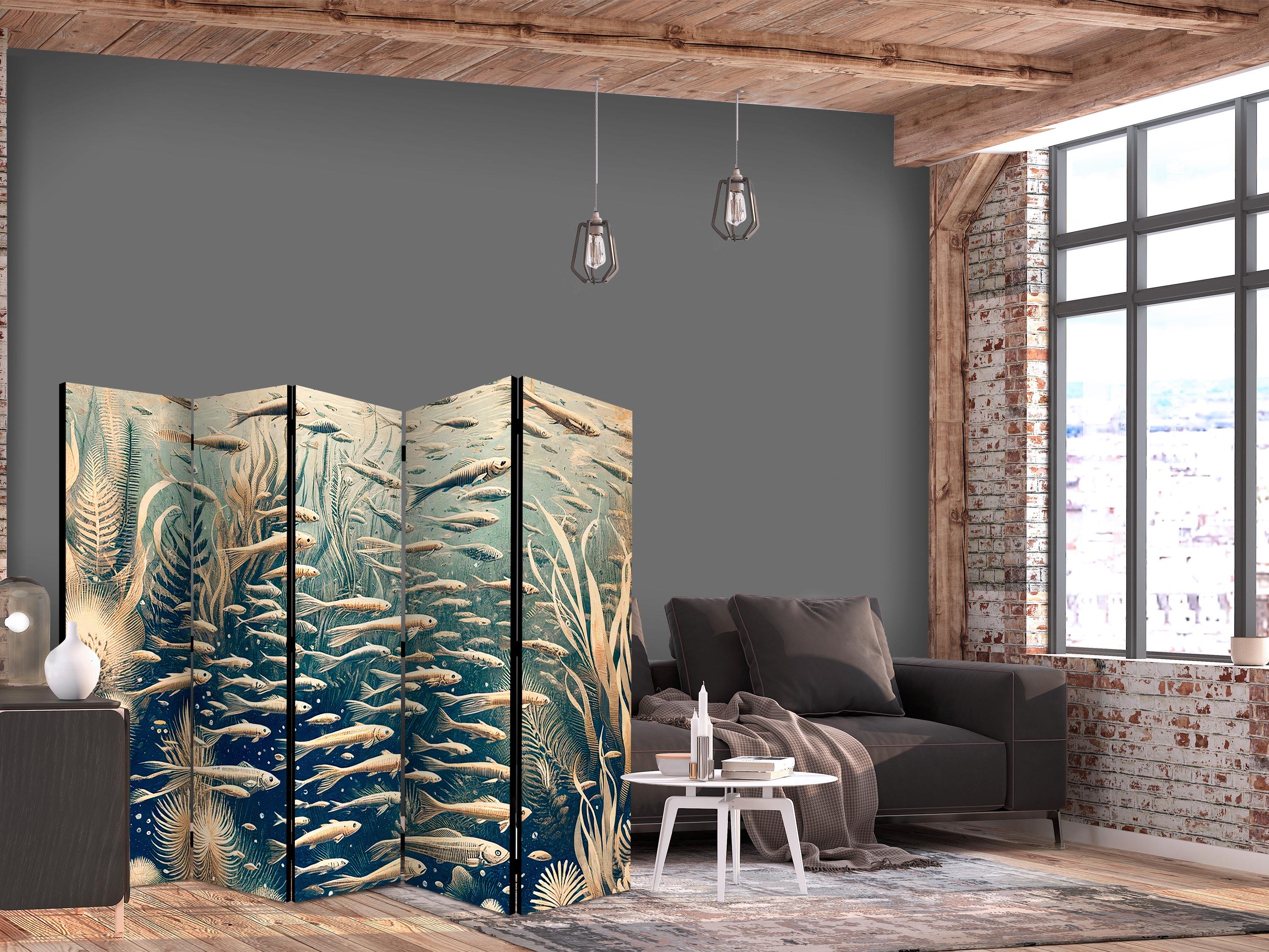 5-panels skærmvæg med undervandsmotiv - Livet i havet i retrostil, beige og marineblå - 225 x 172 cm - Akustik