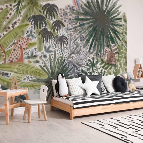 Fototapet Flora fra Madagaskar - tropisk landskab med akvareldyr