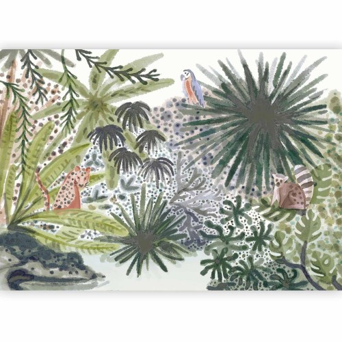 Fototapet Flora fra Madagaskar - tropisk landskab med akvareldyr
