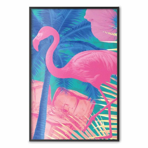 Pink Flamingo plakat - abstrakt dyreplakat med palmer