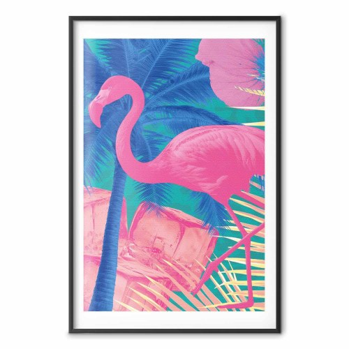 Pink Flamingo plakat - abstrakt dyreplakat med palmer