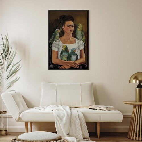 Frida Kahlo billede på lærred - Jeg og mine papegøjer