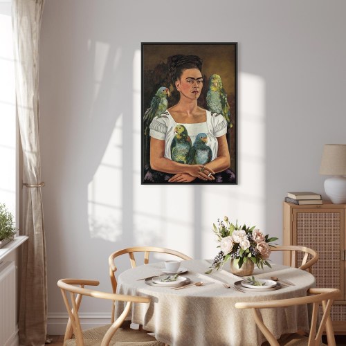 Frida Kahlo billede på lærred - Jeg og mine papegøjer