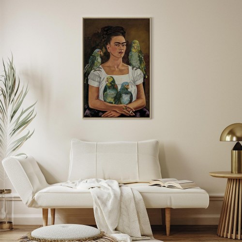 Frida Kahlo billede på lærred - Jeg og mine papegøjer