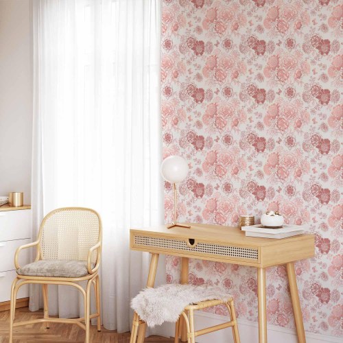 Blomstertapet med lyserøde blomster på hvid baggrund