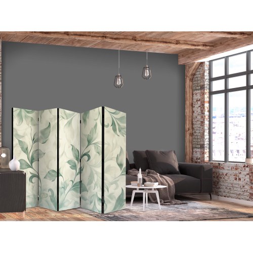 Skærmvæg med akvarel botanisk motiv - sarte grøn-beige blade