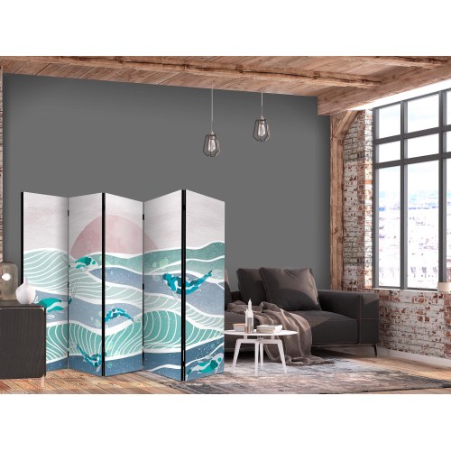 Skærmvæg med koi fisk og solnedgang - 5-panels rumdeler 225 x 172 cm