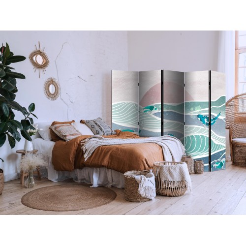 Skærmvæg med koi fisk og solnedgang - 5-panels rumdeler 225 x 172 cm