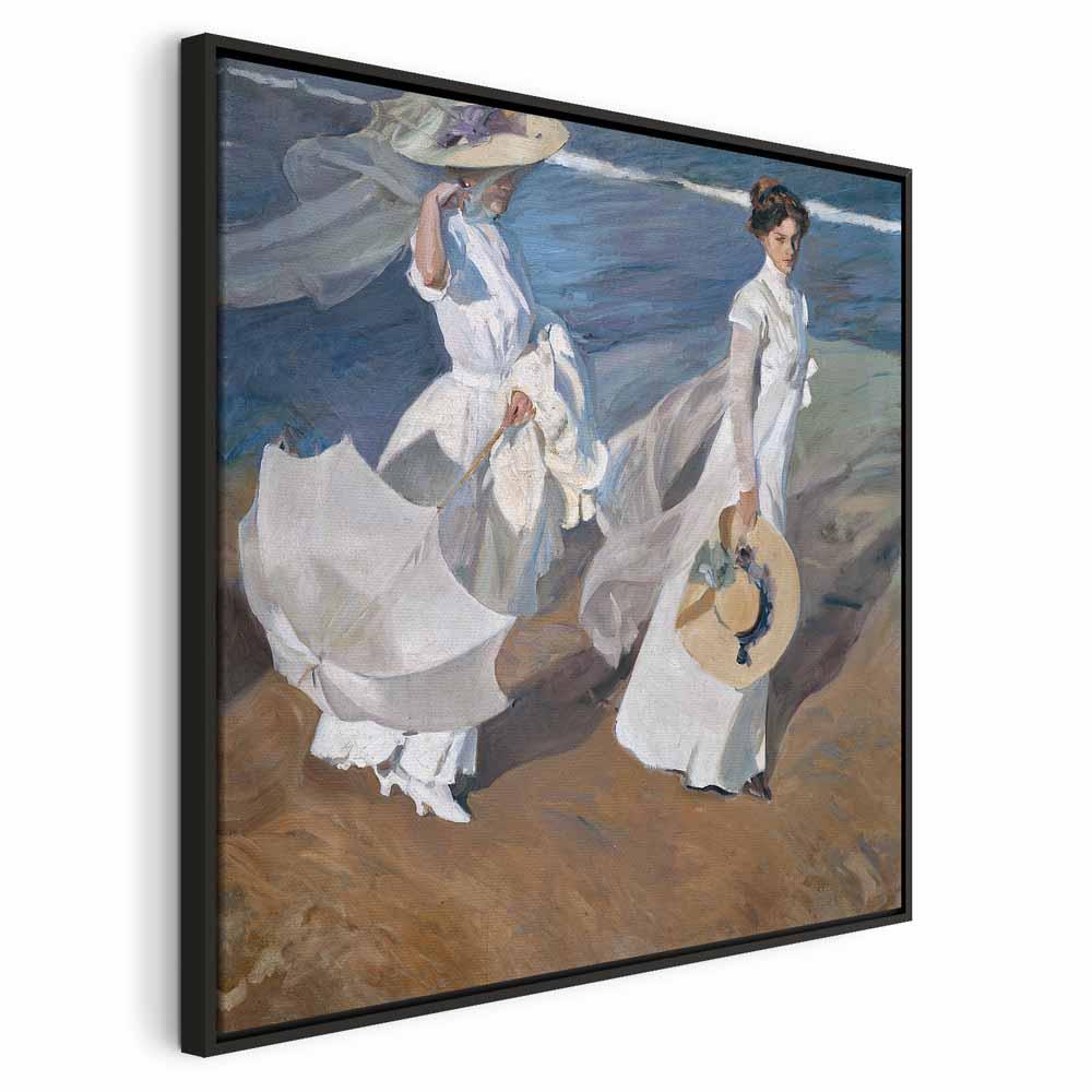 Joaquín Sorolla y Bastida Spadseretur langs stranden lærredsbillede - 40 x 40 cm - I en sort træramme