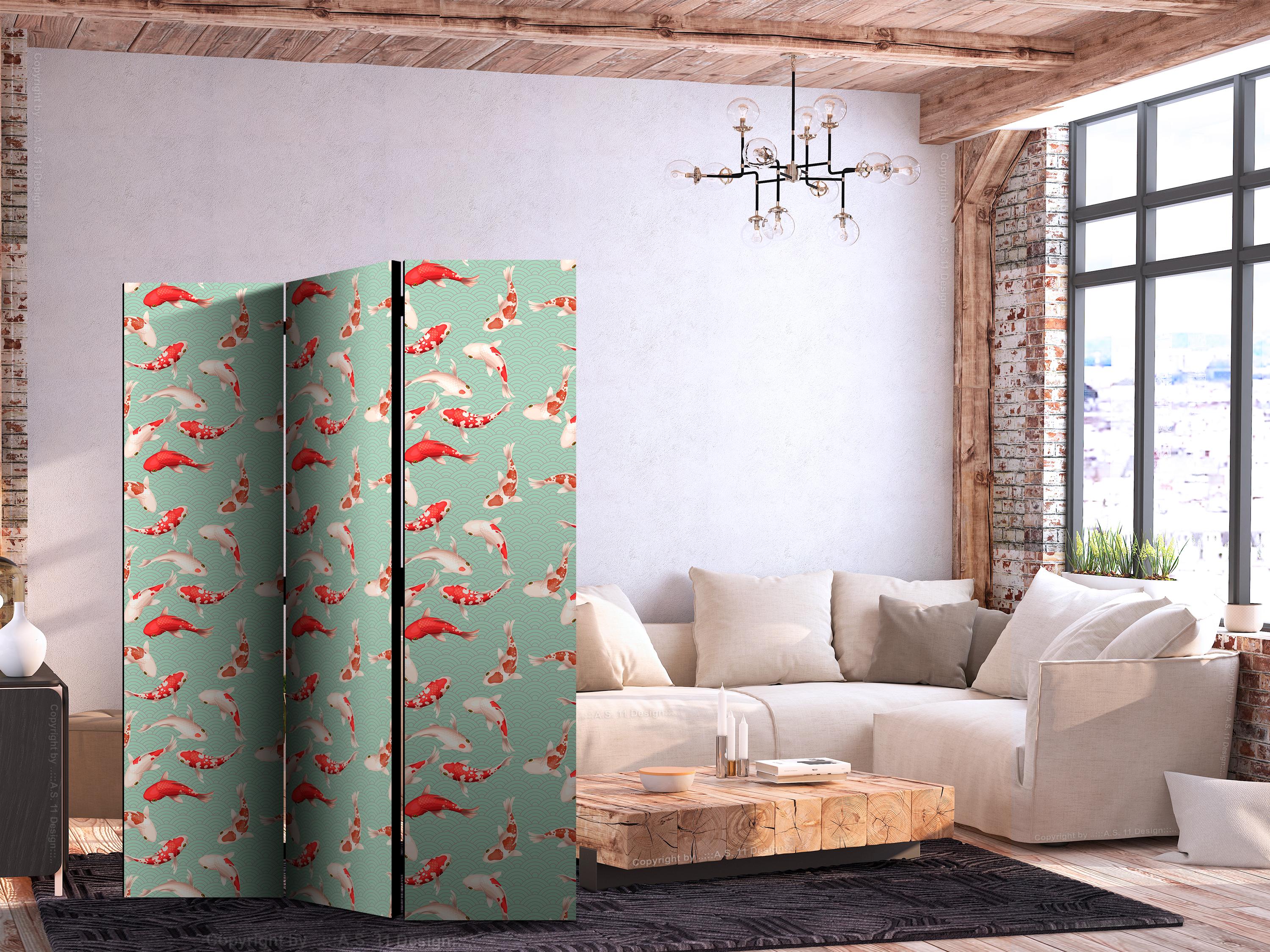 3-panels skærmvæg med koi-fisk og japansk mønster 135 x 172 cm