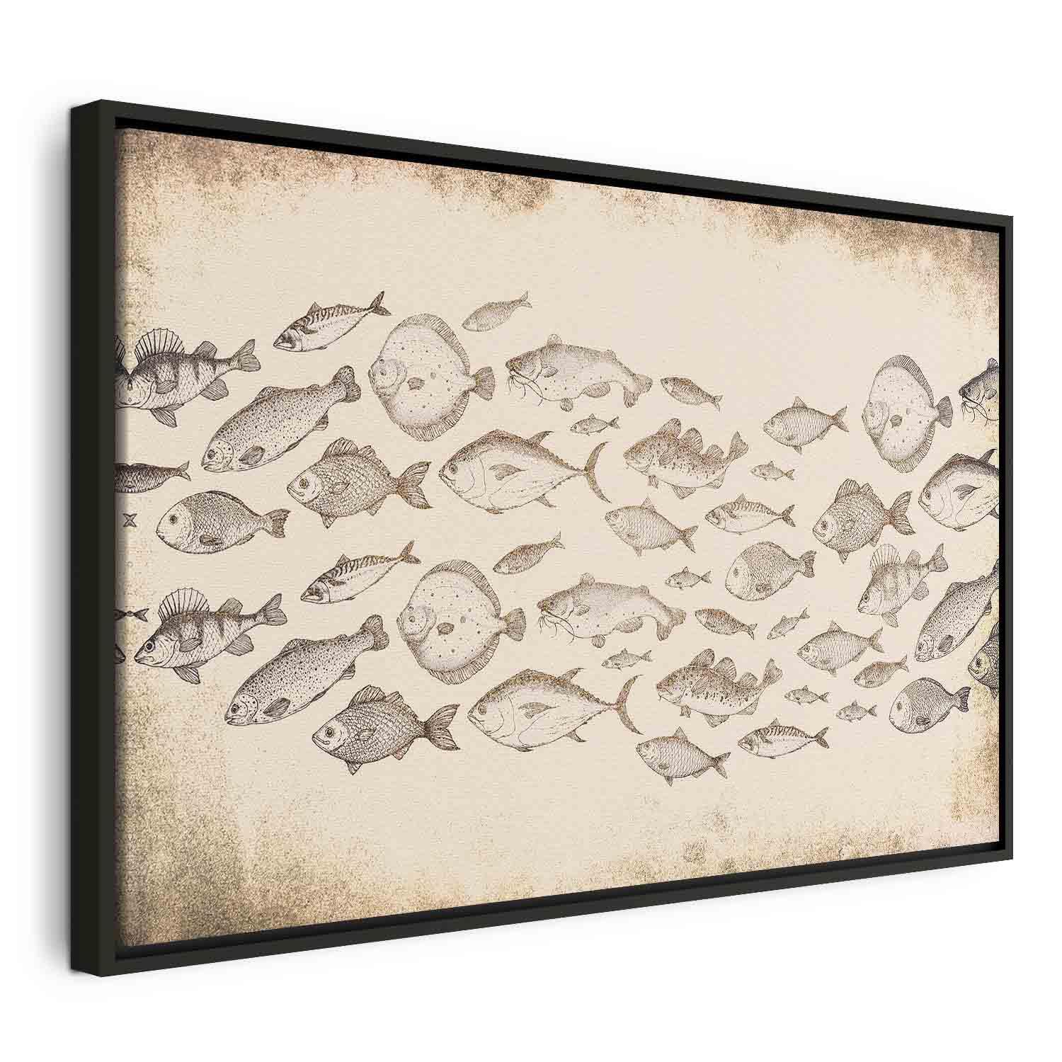 Lærredsbillede Subtle fish med fiskemotiv - vægdekoration i flere størrelser og varianter - 90 x 60 cm - I en sort træramme