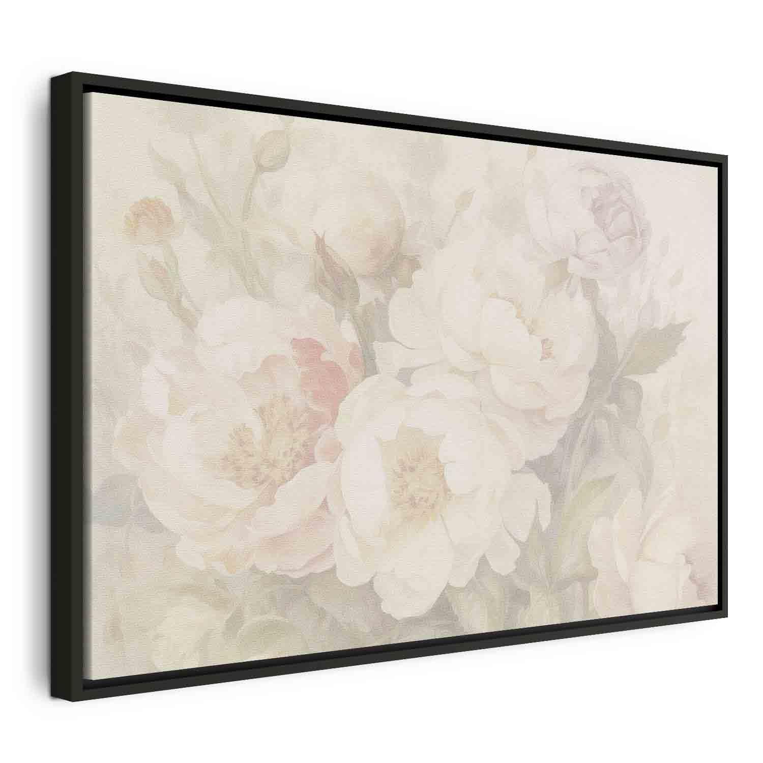 Lærredsbillede - Pæoner i tågen, blomster vægdekoration - 120 x 80 cm - I en sort træramme