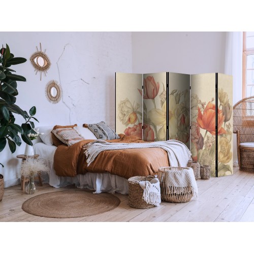 5-panels skærmvæg med tulipanbuket og farverige blomster