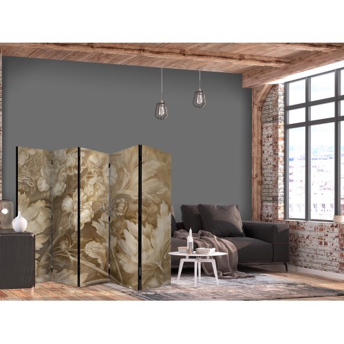 5-panels skærmvæg med blomster i bløde sepia- og brune toner 225 x 172 cm