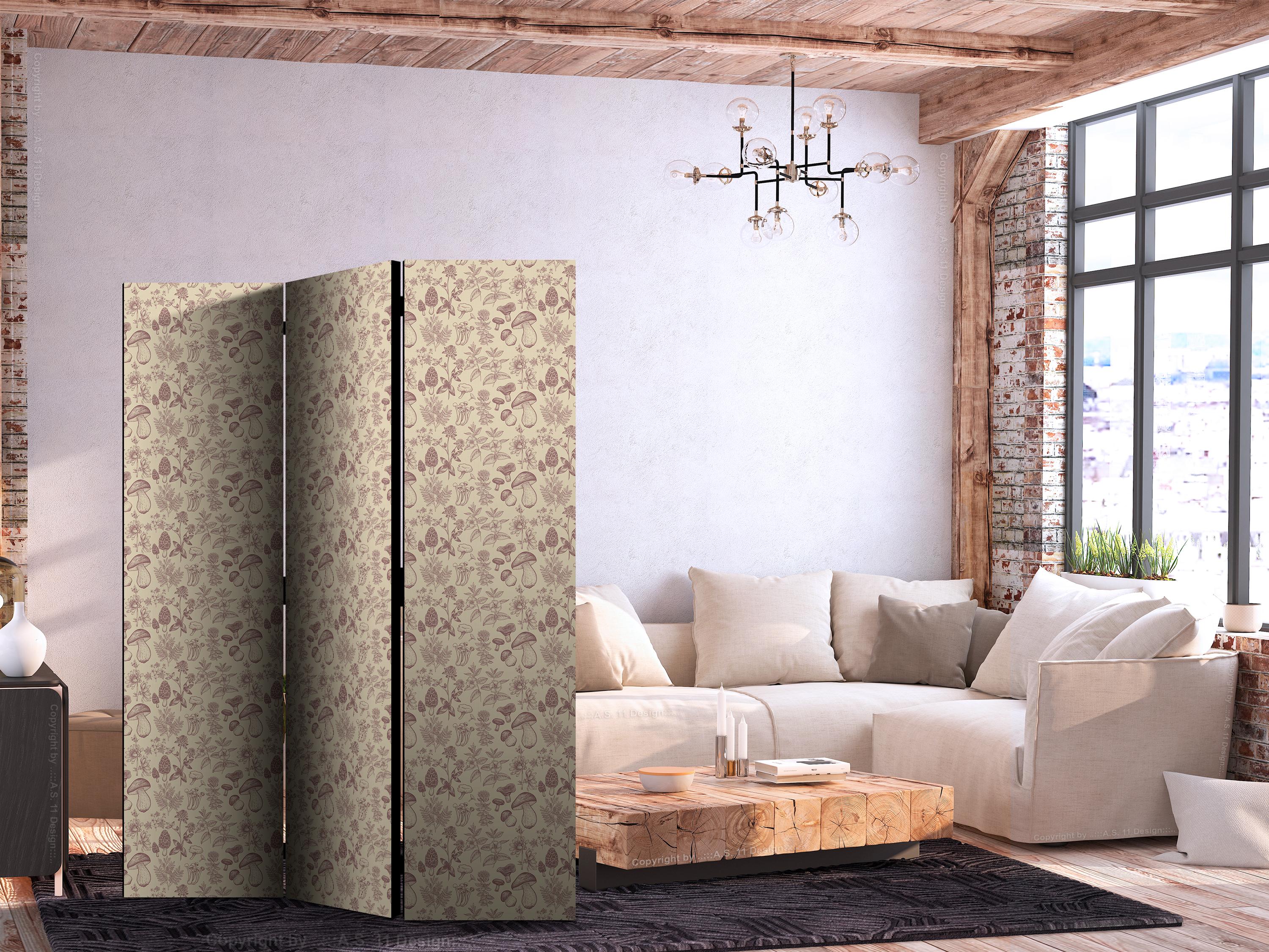 Skærmvæg beige med svampe, blomster og urter - 3 paneler