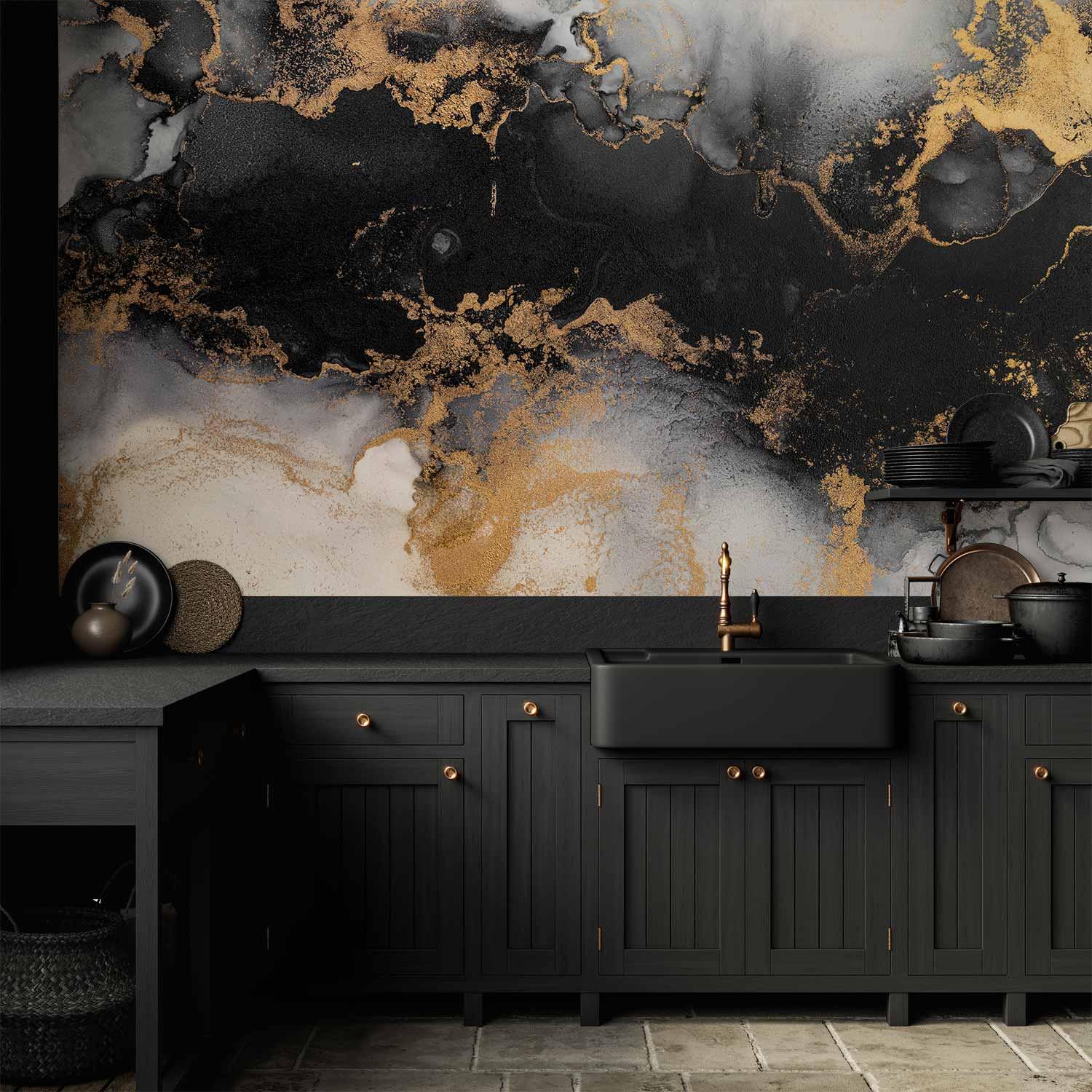 Fototapet Gold Explosions - abstrakt marmorinspireret mønster til væggen - 500 x 350 cm - Vandtæt
