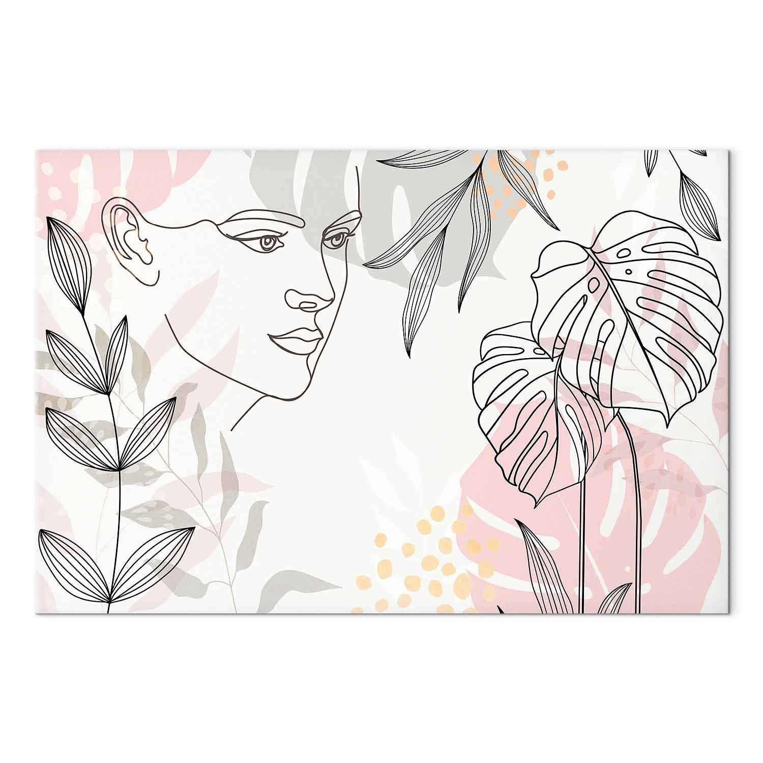 Lærredsbillede En kvindes vildskab med lineart og blade - 120 x 80 cm - Premium Print