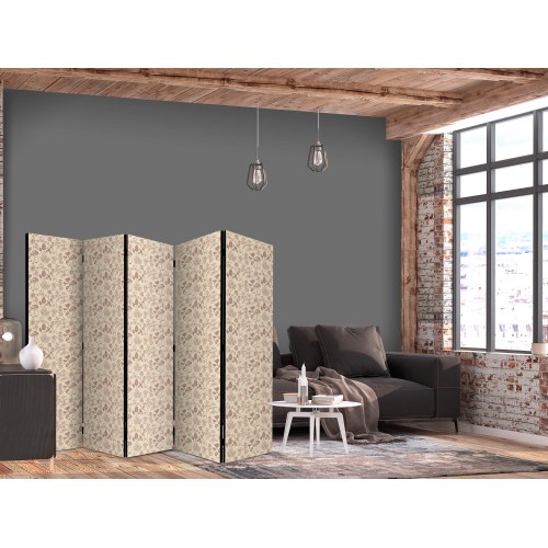 Skærmvæg beige med svampe, blomster og urter - 5-panel rumdeler 225 x 172 cm