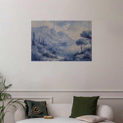 Plakat Blue Bay - italiensk landskabsplakat med Comosøen i blå blæk