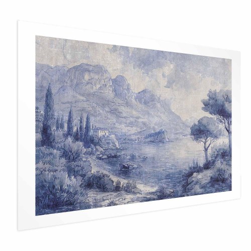 Plakat Blue Bay - italiensk landskabsplakat med Comosøen i blå blæk