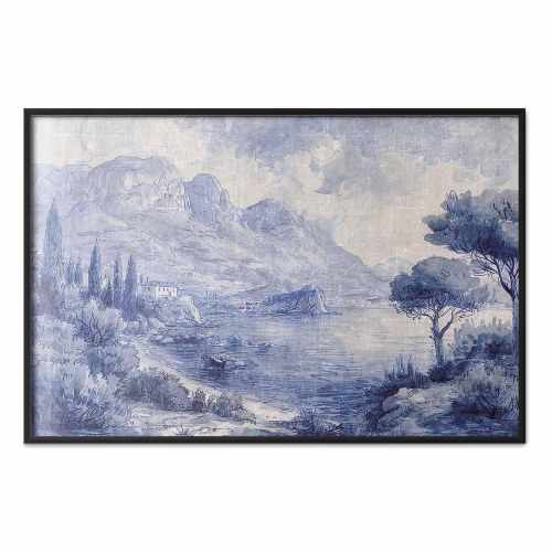 Plakat Blue Bay - italiensk landskabsplakat med Comosøen i blå blæk