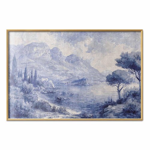 Plakat Blue Bay - italiensk landskabsplakat med Comosøen i blå blæk