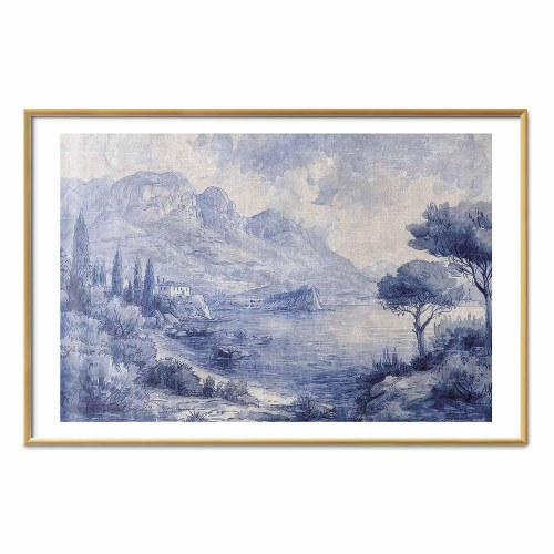 Plakat Blue Bay - italiensk landskabsplakat med Comosøen i blå blæk