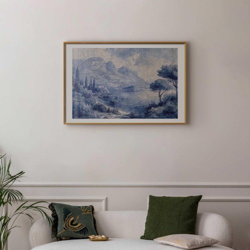 Plakat Blue Bay - italiensk landskabsplakat med Comosøen i blå blæk
