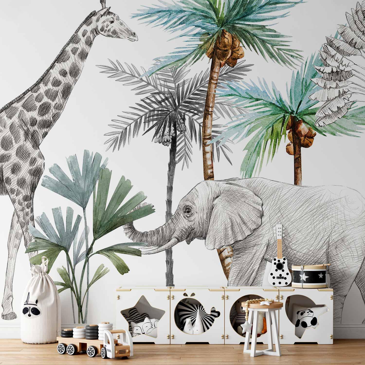 Fototapet til børneværelse - jungledyr i tegneseriestil, vægdekoration med giraf og elefant - 450 x 315 cm - Vandtæt